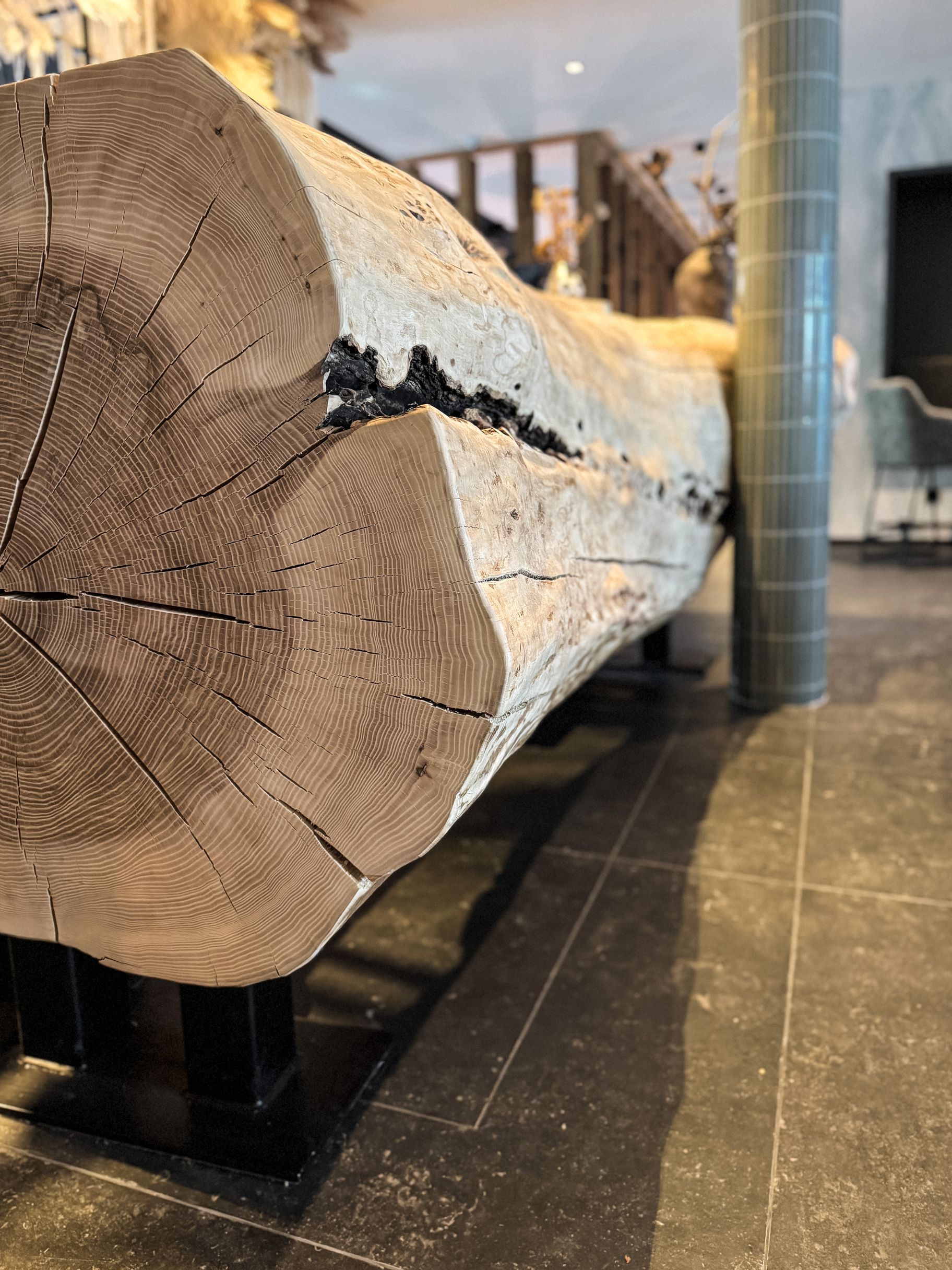 Natürliche Holzrezeption aus einem durchgehenden Eschenbaumstamm mit lebendiger Kante