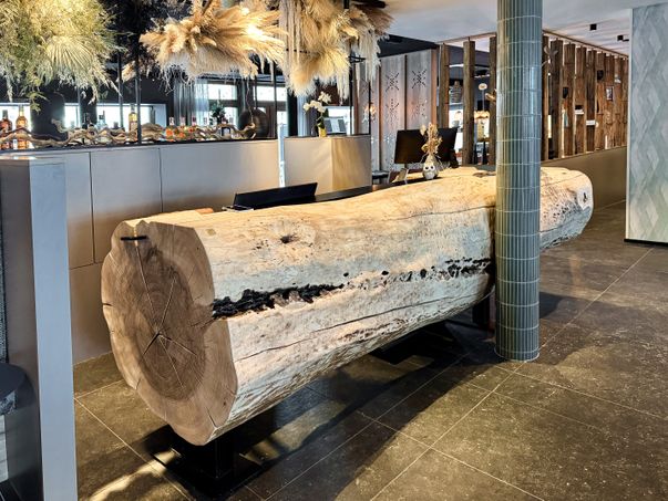 Handgefertigte Hotelrezeption aus einem ganzen Eschenbaumstamm mit natürlicher Baumkante