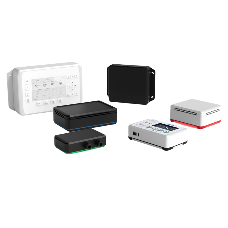 A selection of various electronic devices, including white and black rectangular gadgets with screens and buttons, displayed on a white background.