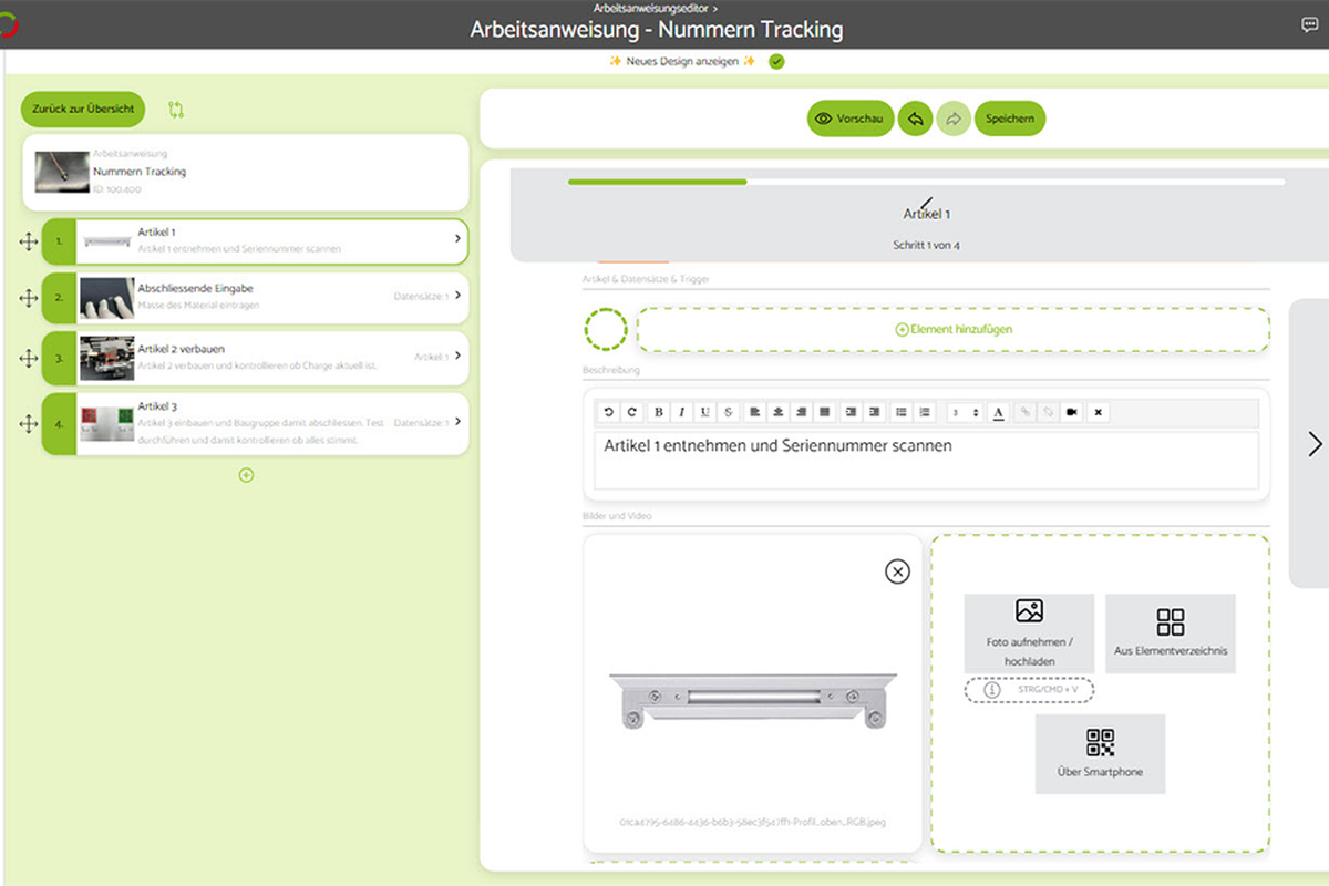 Screenshot of the input of a work step in the Setago worker assistance system software