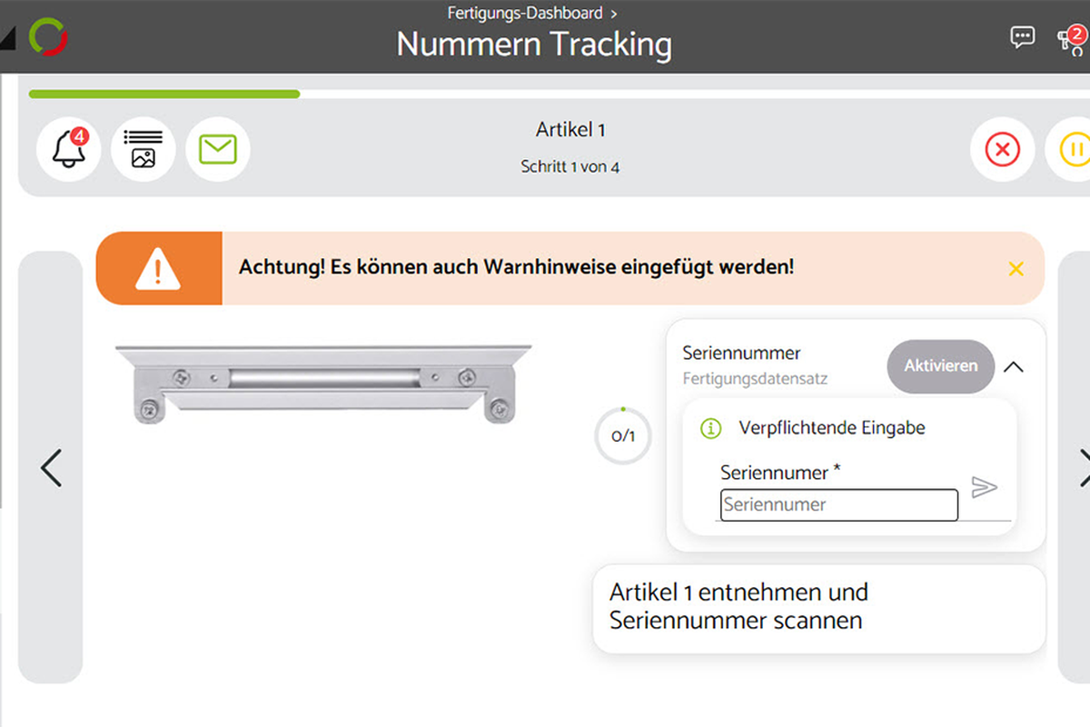 Screenshot for executing a work step in the Setago worker assistance system software