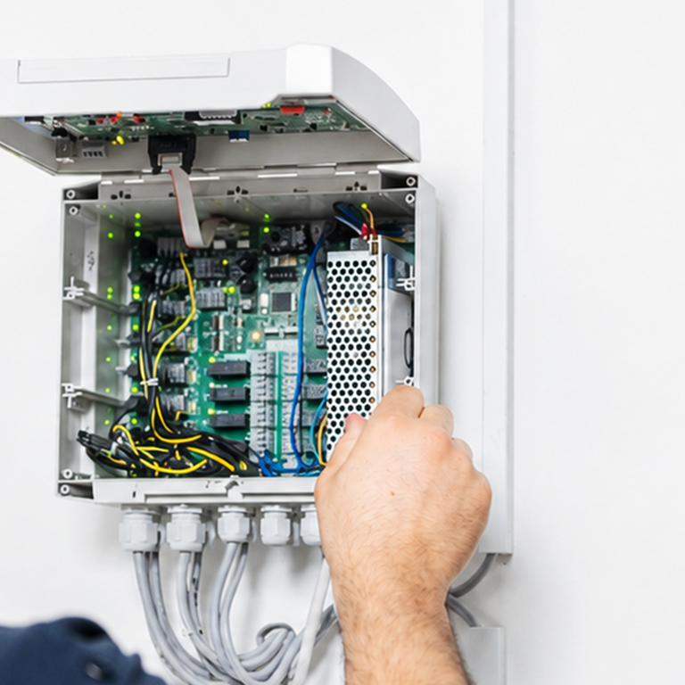 A man in glasses examines an open enclosure with electronics with circuit boards and wiring, mounted on a white wall.