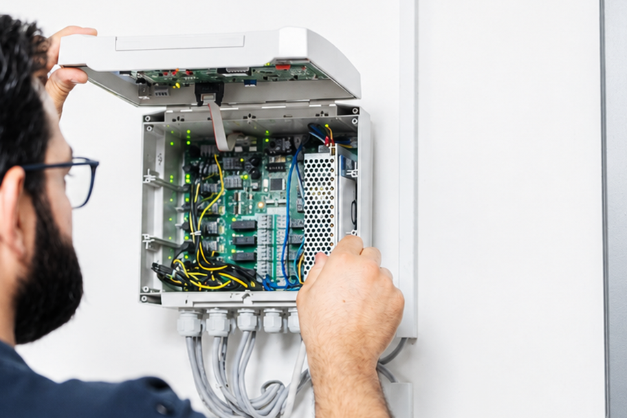 A man in glasses examines an open enclosure with electronics with circuit boards and wiring, mounted on a white wall.