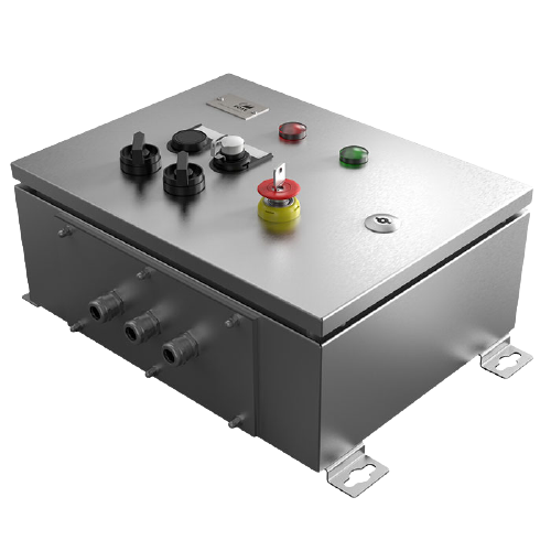 Metal electrical control panel with switches, buttons, and key lock on top; features various connection points on the side.