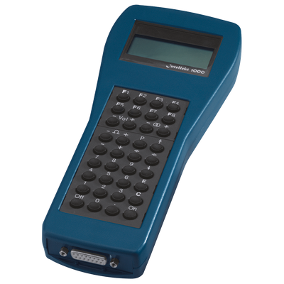 Blue hand-held enclosure with silicone keypad and integrated display