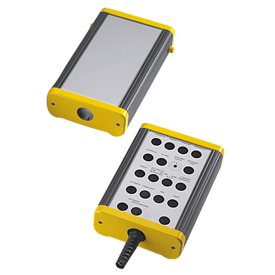 Extremely robust hand-held enclosure with aluminum front panel for the integration of pushbuttons. use as a crane control, for example