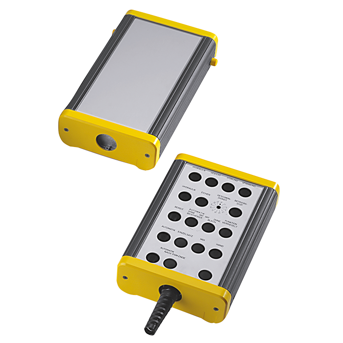 Extremely robust hand-held enclosure with aluminum front panel for the integration of pushbuttons. use as a crane control, for example