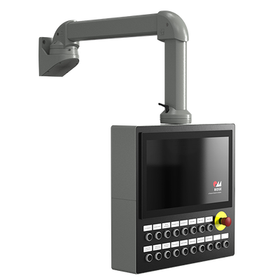 Industrial control panel with display and support arm mounting system.