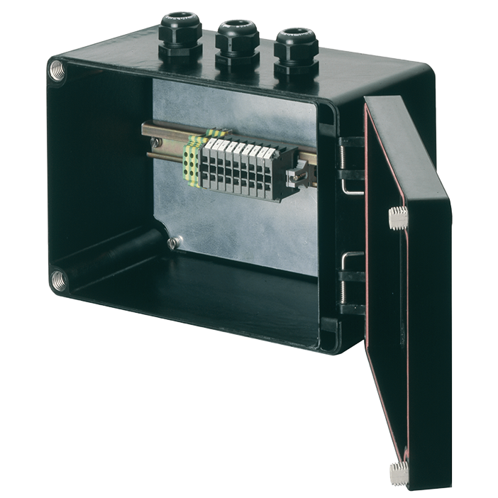ATEX GRP polyester control cabinet with cable glands and terminal block
