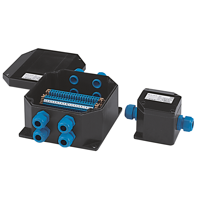 ATEX GRP polyester box with cable glands and terminal block