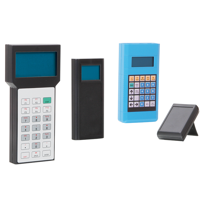 Various hand-held enclosures with membrane keypads and integrated displays