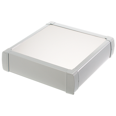 Variable profile enclosure in length and width with a slide-in aluminum front panel