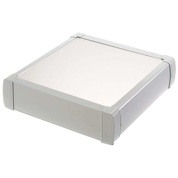 Variable profile enclosure in length and width with a slide-in aluminum front panel