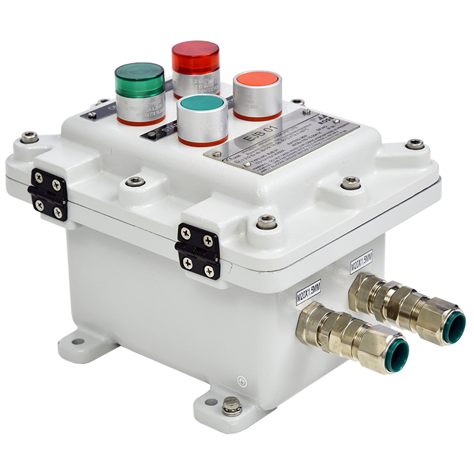 Pressure-encapsulated aluminum ex-d enclosure with cable glands and push-buttons