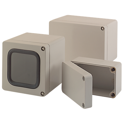 Small polyester electrical control cabinet with door and lock