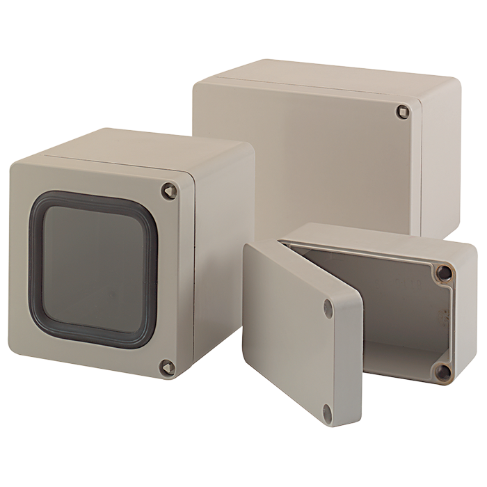Small polyester electrical control cabinet with door and lock