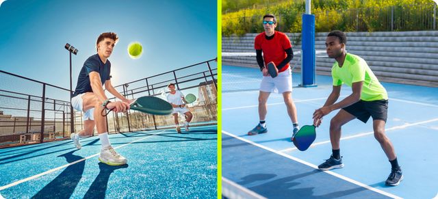 A split image shows people playing padel on a blue court and others playing pickleball on a blue court, illustrating the difference of padel vs pickleball.
