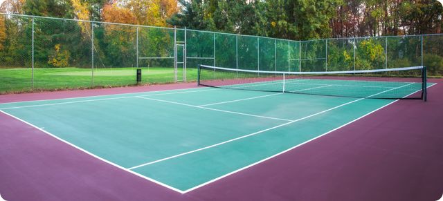A green and purple tennis court with a net and white lines, showing tennis court dimensions, is surrounded by a fence and trees.