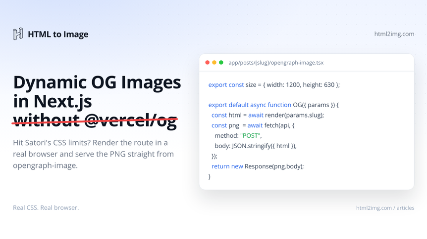  Dynamic OG Images in Next.js Without @vercel/og (1,200×630)