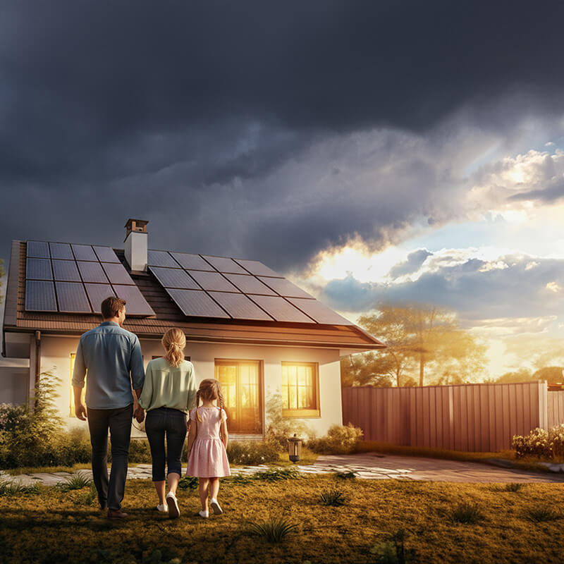 Familie läuft bei Sonnenuntergang zu einem Haus mit Solaranlage auf dem Dach