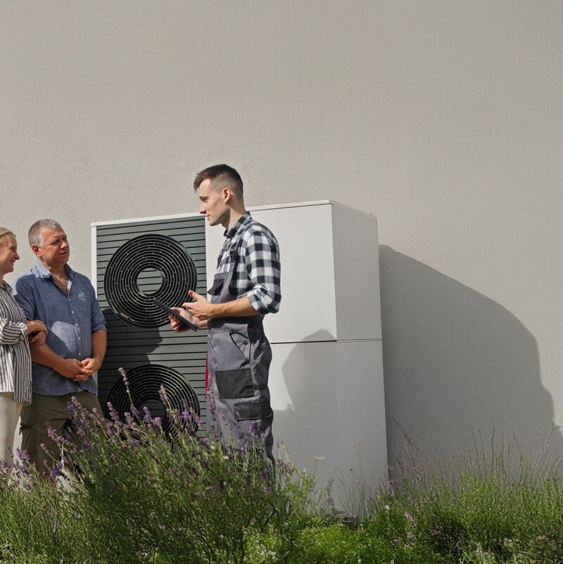 Techniker steht vor einer Wärmepumpe und spricht mit zwei erwachsenen Personen