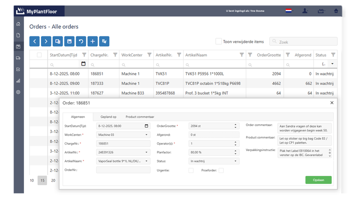 Productieplanning met het Grafische planbord - Productieorder-details