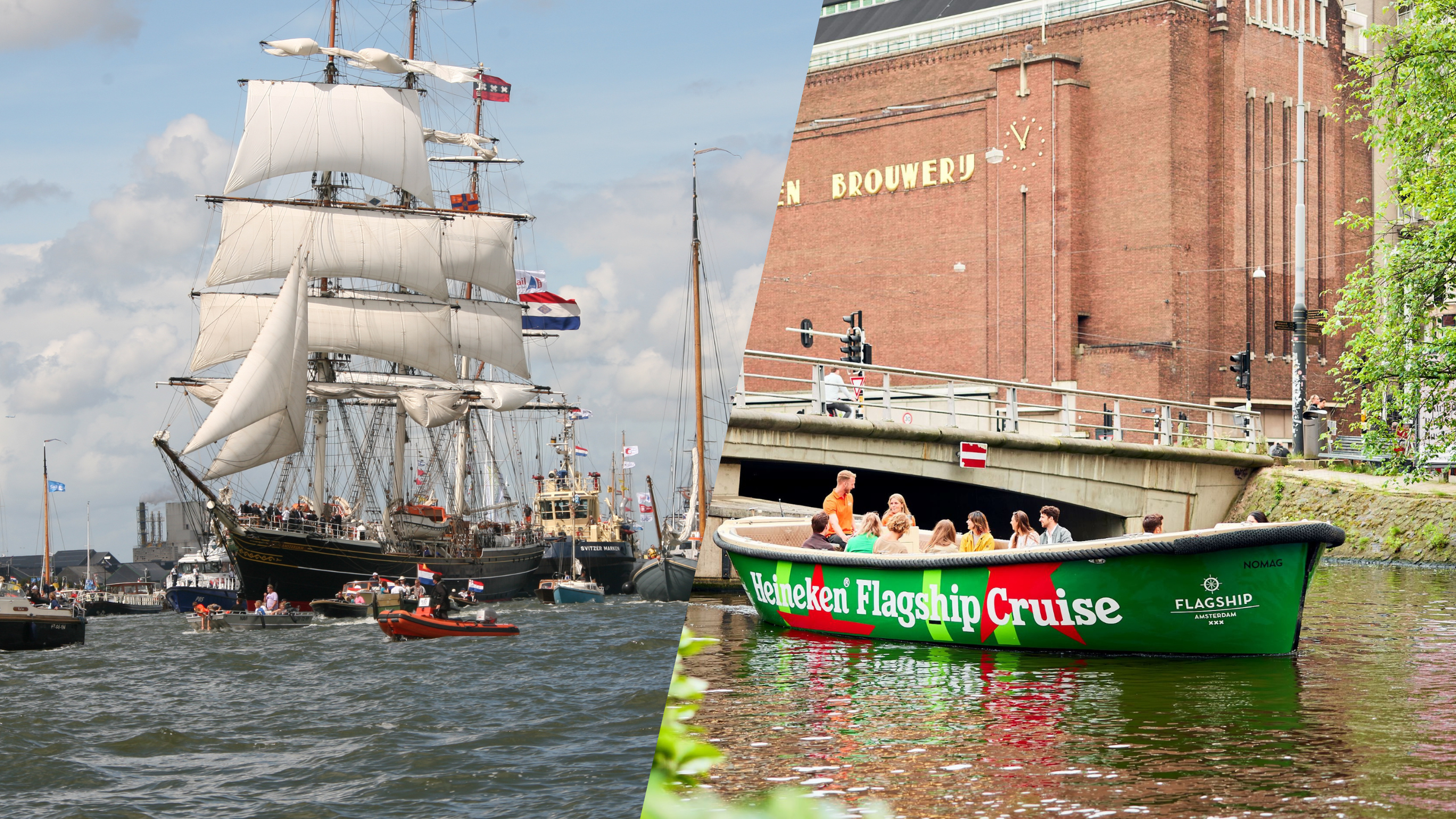Split image: Left shows a tall ship with sails on a harbor; right shows a canal boat with people near a brick brewery building.