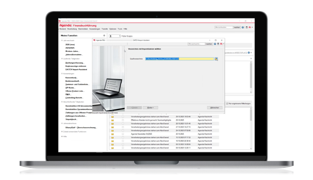 Laptop-Bildschirm, auf dem die Benutzeroberfläche einer Finanzsoftware mit einem Popup-Fenster zur Auswahl von Verzeichnissen sowie verschiedenen Menüoptionen und Einstellungen angezeigt wird.