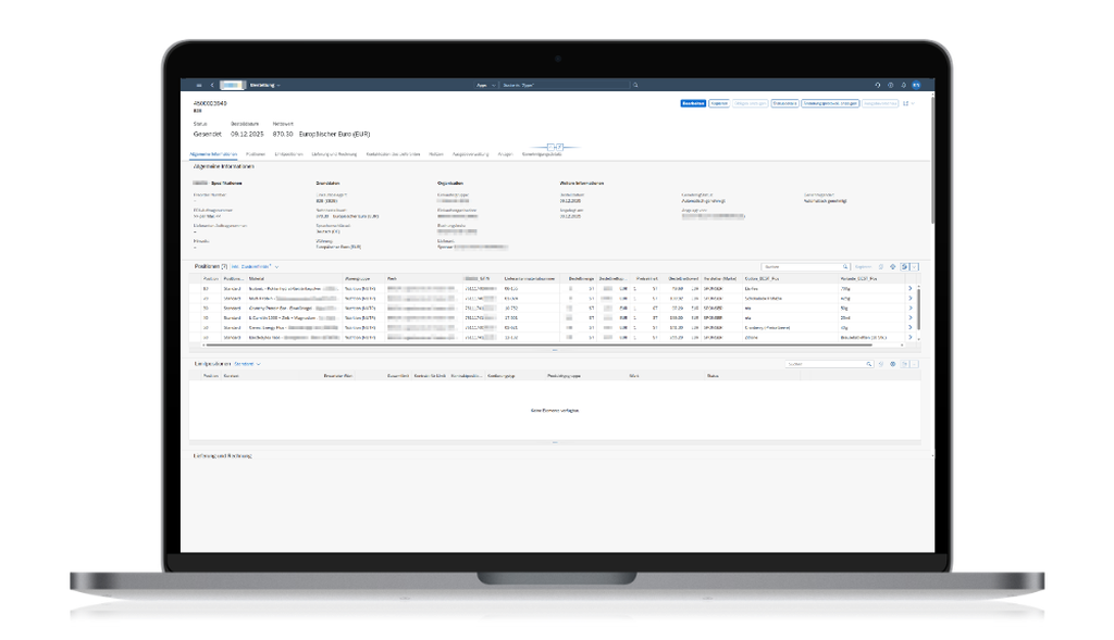 Ein Laptop-Bildschirm, auf dem ein detailliertes Finanzdokument mit mehreren Abschnitten, Tabellen und Datenfeldern angezeigt wird.
