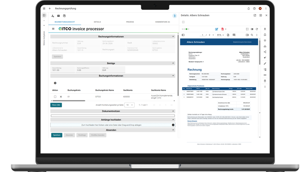 Ein Laptop-Bildschirm, auf dem eine Anwendung zur Rechnungsbearbeitung angezeigt wird, bestehend aus einem Eingabeformular und einem digitalen Rechnungsbeleg.