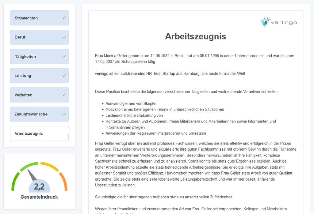 Screenshot einer Vorlage für ein Arbeitszeugnis von Verlingo, die Abschnitte wie „Zusammenfassung” und „Gesamteindruck” mit einer Bewertung von 2,2 anzeigt.