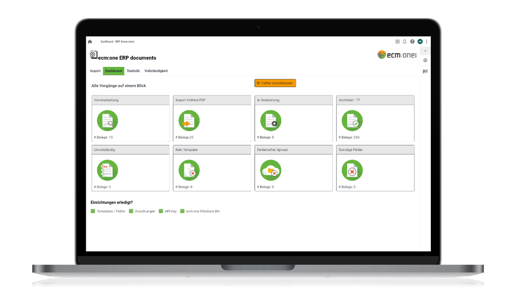 Ein Laptop-Bildschirm, auf dem ein Dashboard mit Symbolen zum Importieren und Überprüfen von ERP-Dokumenten angezeigt wird, darunter Kategorien wie Rechnungen und Vorlagen.