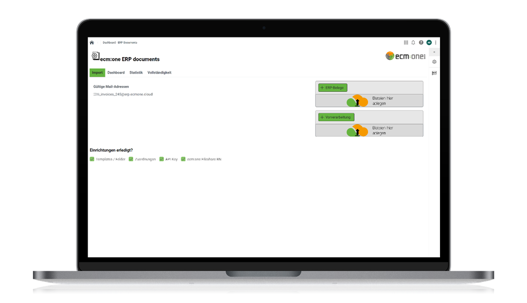 Laptop, auf dem eine Dokumentenverwaltungsoberfläche mit Optionen zum Importieren, Verwalten und Suchen von Dokumenten sowie Schaltflächen für Signaturvorgänge angezeigt wird.