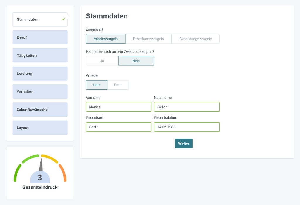Ein Formular, das mit persönlichen Daten wie Name, Geschlecht, Geburtsdatum und Wohnort ausgefüllt ist, wobei unten eine Leistungsbewertung von 3 angezeigt wird.
