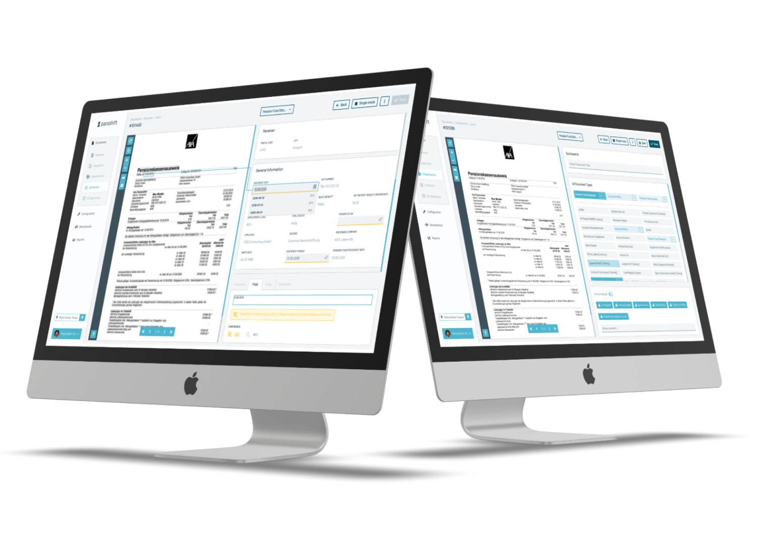 Zwei Apple iMacs in einer Dual-Screen-Konfiguration mit Software-Oberflächen, auf denen Bildschirme zur Daten- und Dokumentenverwaltung zu sehen sind.
