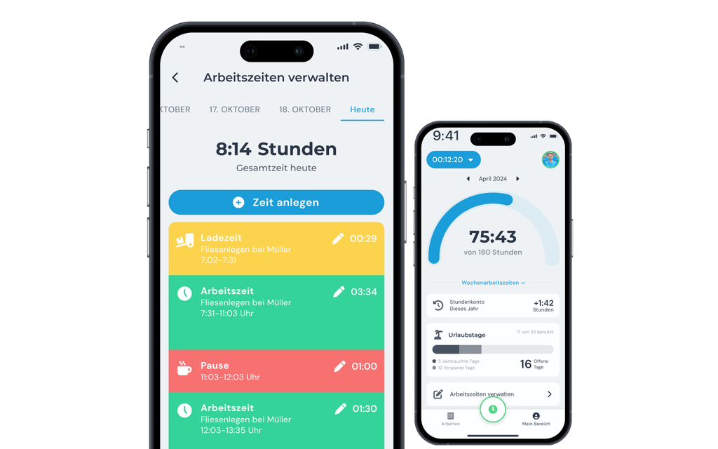 Two smartphone screens display a time tracking app, showing daily and weekly hours logged, with sections for work and breaks.