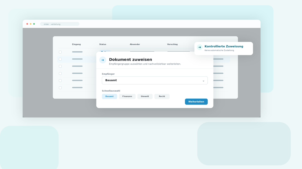 Document assignment interface showing options to forward to departments like Bauamt, with a focus on controlled distribution.