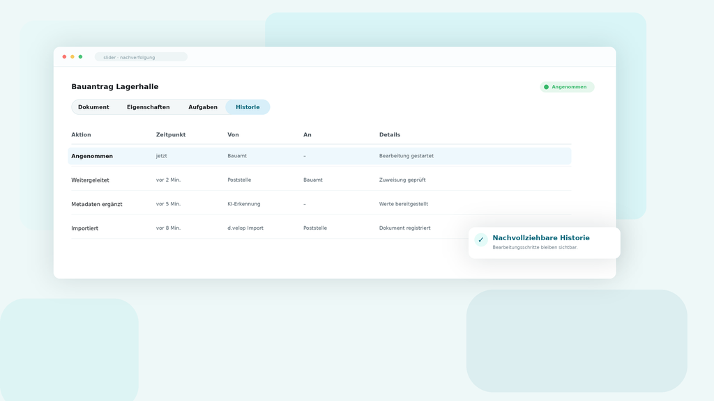 A computer interface displaying a workflow history for a warehouse construction request, showing actions, timestamps, and details.