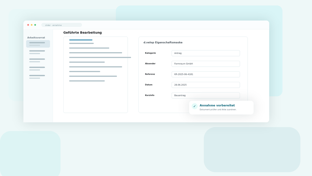 User interface displaying a form with sections for category, sender, reference, date, and short info in German. Message indicates "Acceptance prepared."