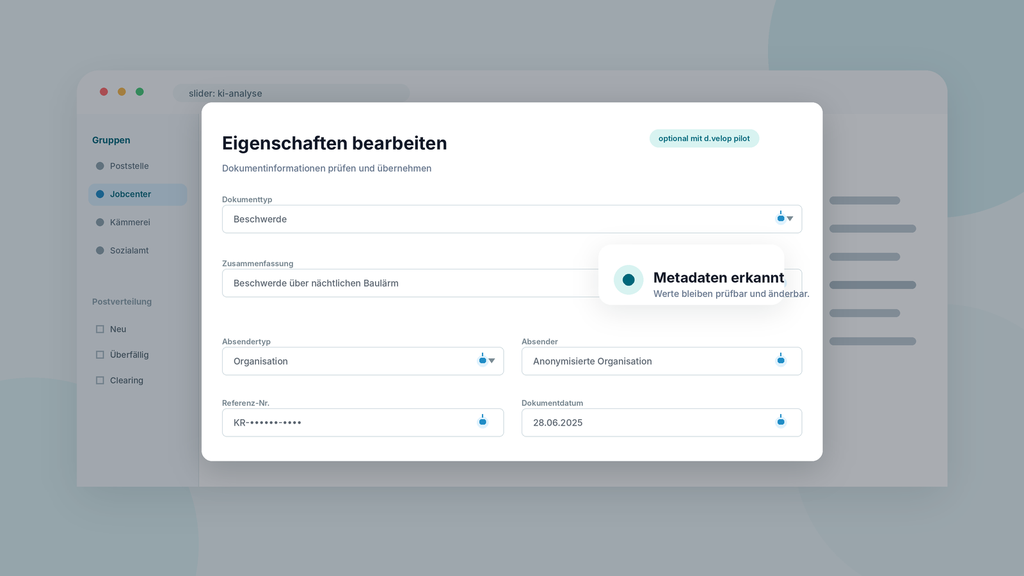 A user interface for editing document properties in German, showing complaint details and metadata recognition in a job center setting.