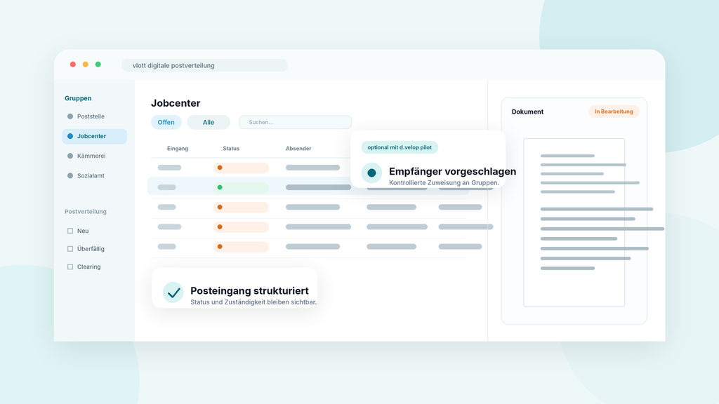 Digital interface for job center tasks showing categorized mail statuses, suggested recipients, and document processing in progress.