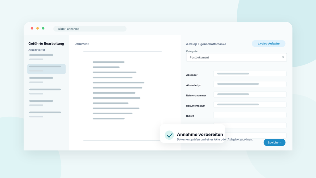 Document management interface showing fields for document details and a sidebar for navigation. A message prompts to prepare acceptance.