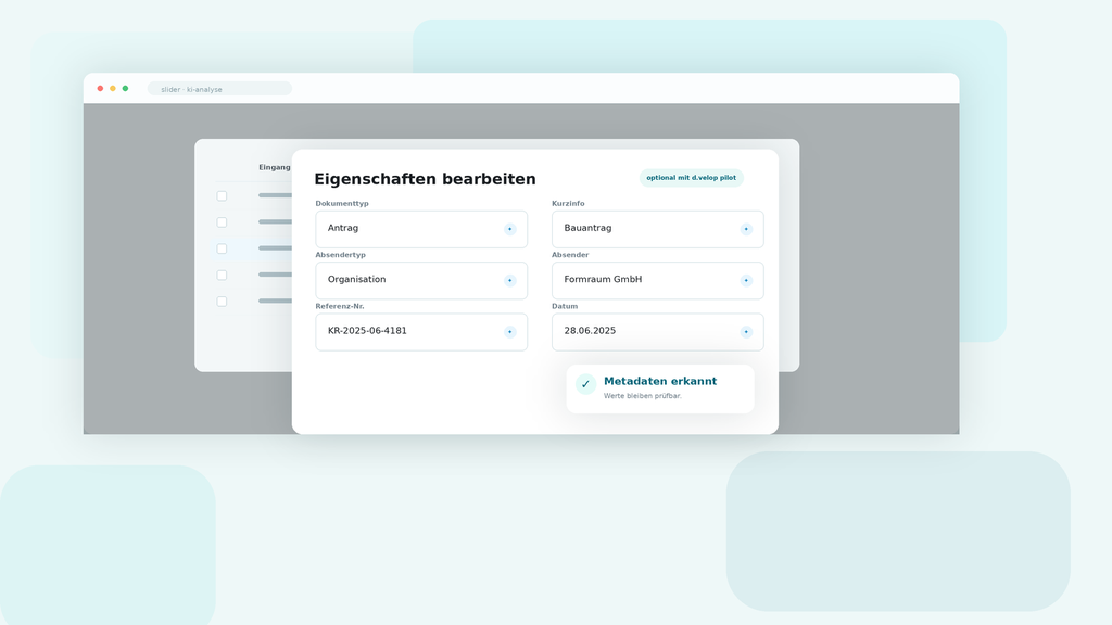 User interface for editing document properties in German, showing fields for document type, sender, reference number, and date with metadata recognized.