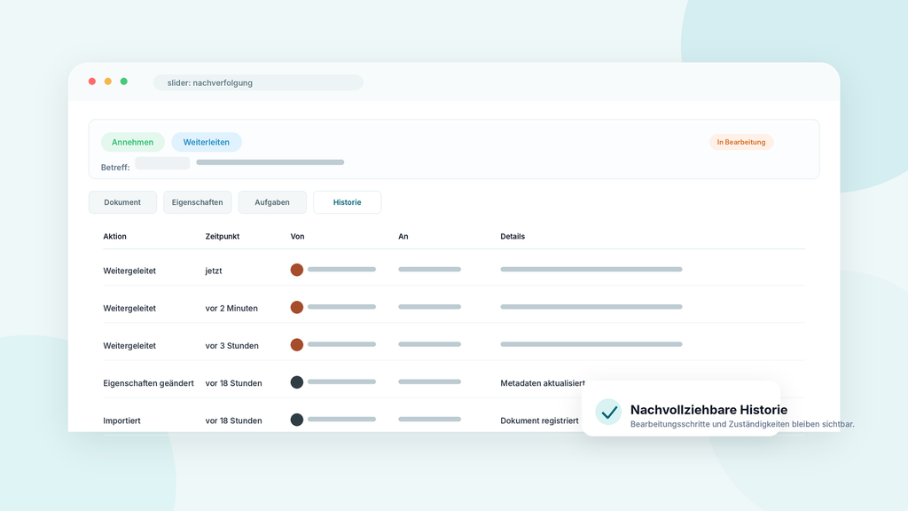 A UI showing a document tracking history with actions, timestamps, and user details; a checked box notes "Traceable History" in German.