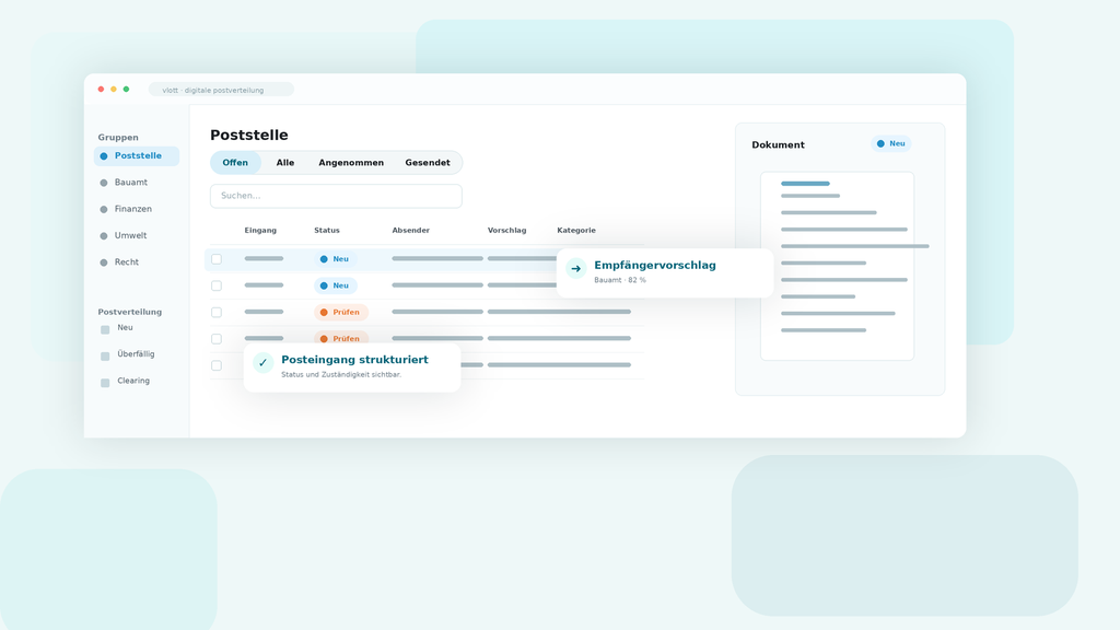 User interface showing a digital mail distribution system with status updates and document suggestions.