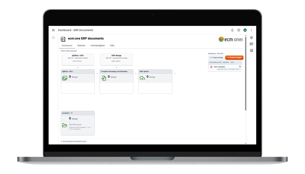 Laptop-Bildschirm, auf dem das Dashboard „ecm:one ERP-Dokumente“ mit den Bereichen „Bearbeitungsstatus“ und „Fehlerstatus“ angezeigt wird.