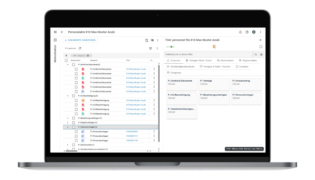 Auf dem Bildschirm eines Laptops ist eine Benutzeroberfläche für eine digitale Personalakte mit nach Kategorien geordneten Dokumentenlisten und Navigationsoptionen zu sehen.