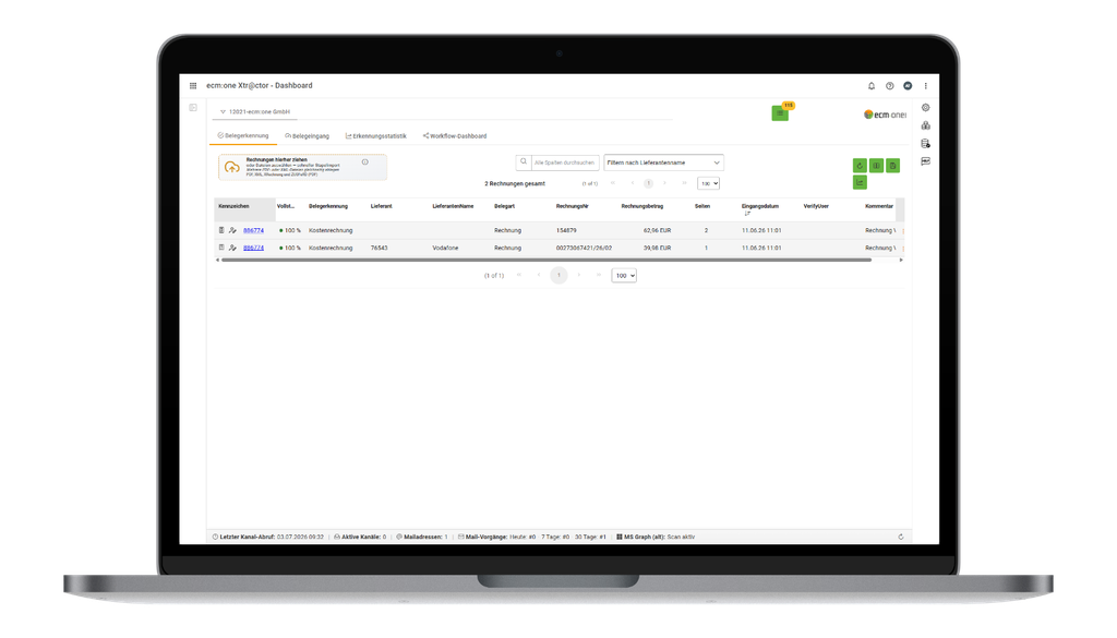 Das Dashboard einer Rechnungsverwaltungssoftware, angezeigt auf einem Laptop, mit verschiedenen Spalten, in denen Rechnungsdetails und -status angezeigt werden.