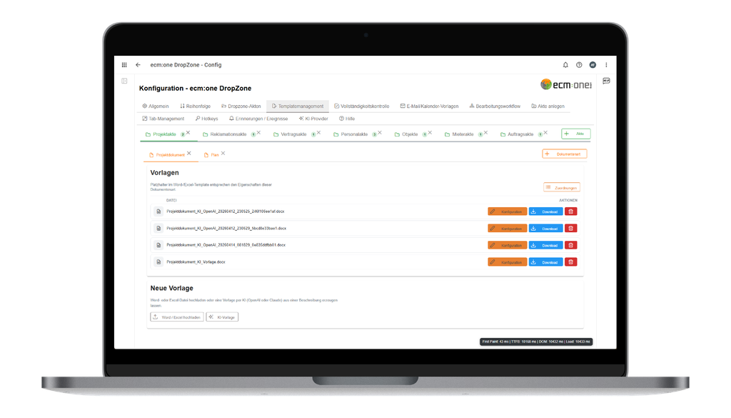 Laptop-Bildschirm mit der Konfigurationsoberfläche von ecm:one DropZone, die Registerkarten, Projektdokumente sowie Aktionsschaltflächen für die Konfiguration, den Download und das Löschen anzeigt.