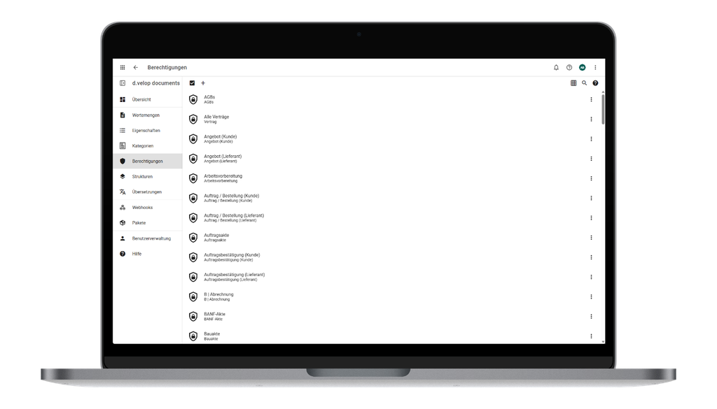 Laptop-Bildschirm, auf dem eine Dokumentenverwaltungsoberfläche mit einer Seitenleiste mit nach Kategorien geordneten Optionen und einer Liste von Berechtigungen im Hauptbereich angezeigt wird.
